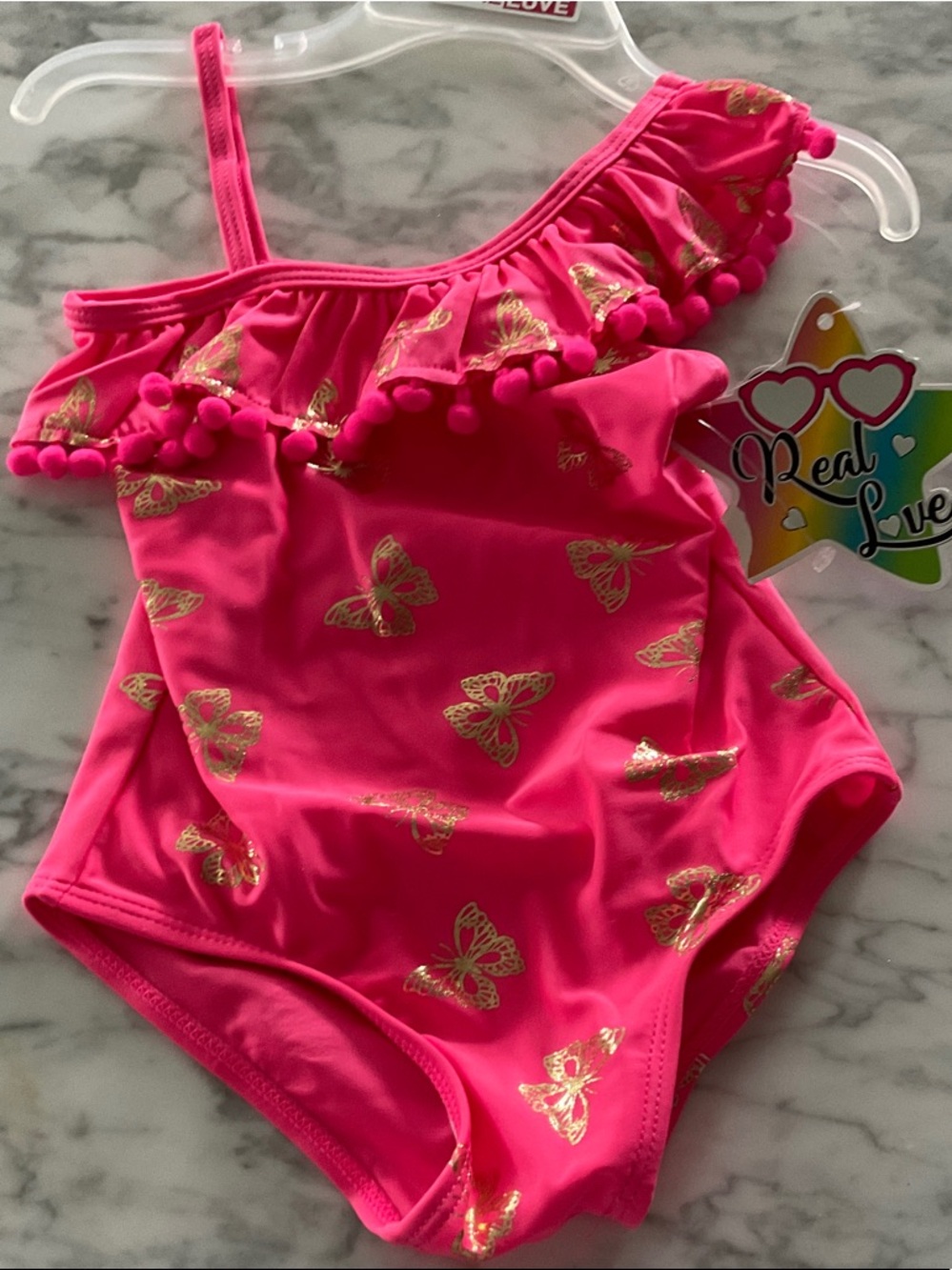 Justice Hot Pink One-Shoulder Swimsuit with Gold Butterfly Print